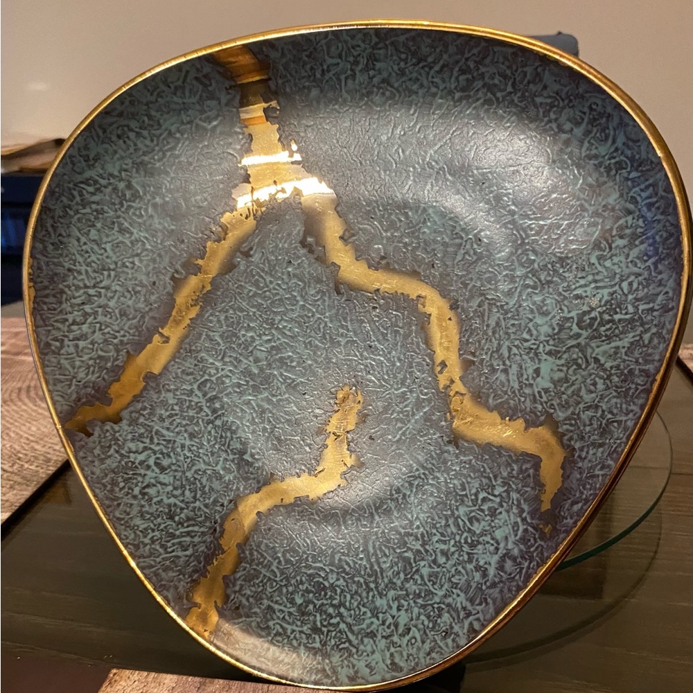 Artistic Blue and Gold Ceramic Plate